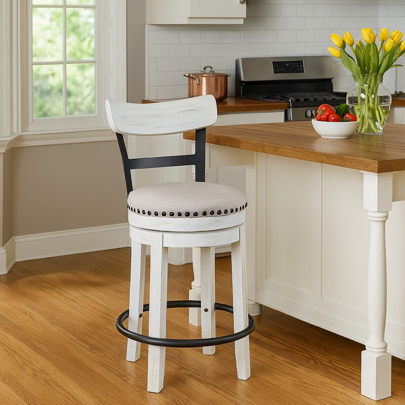 Zane Swivel 24.5 Inch Counter Stool Chair | Nailhead Trim | Curved Back | Distressed White and Black - Benzara