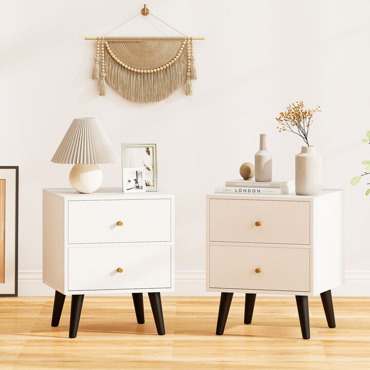Set of 2 Mid-Century Modern Nightstands with Golden Knobs and Raised Legs