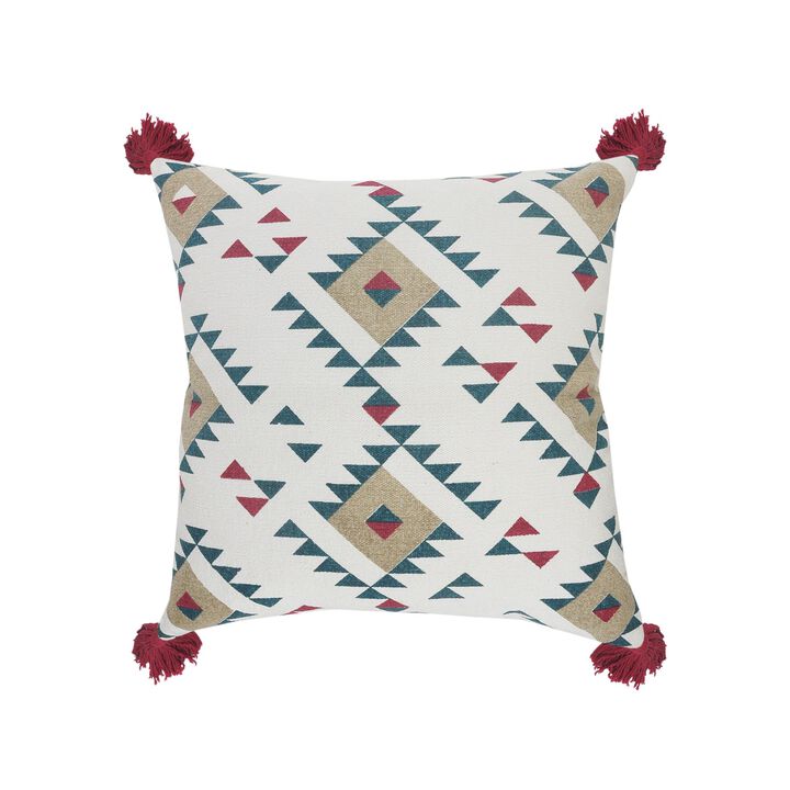 20" White and Green Eclectic Southwestern Square Throw Pillow