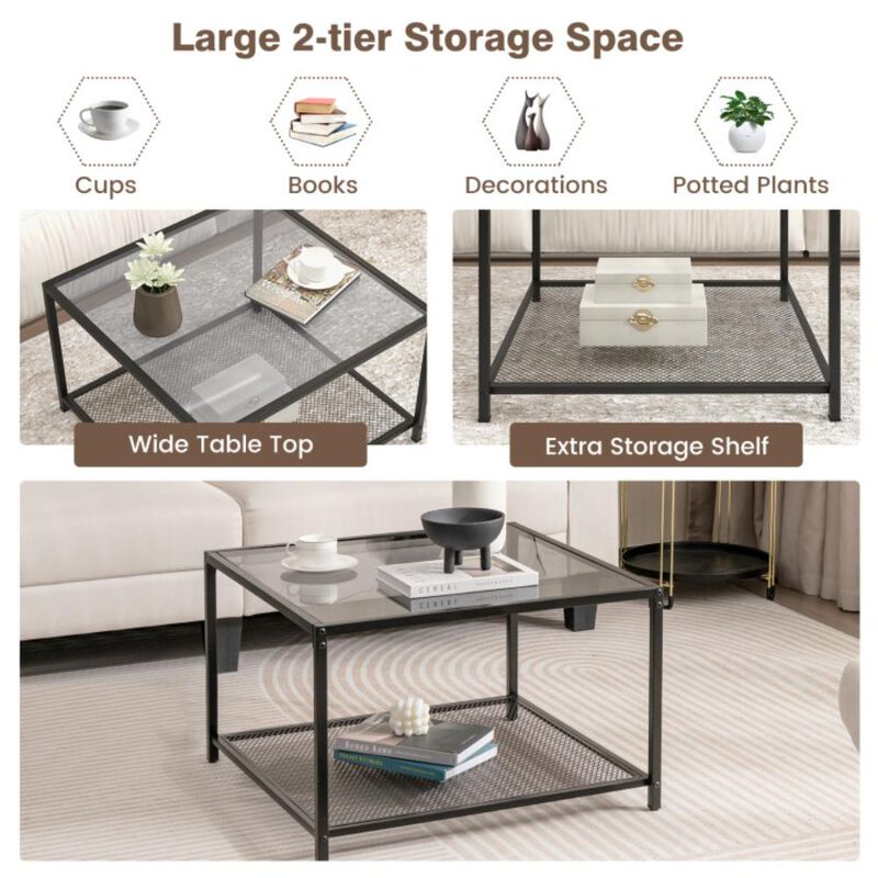 Hivvago Modern 2-Tier Square Glass Coffee Table with Mesh Shelf