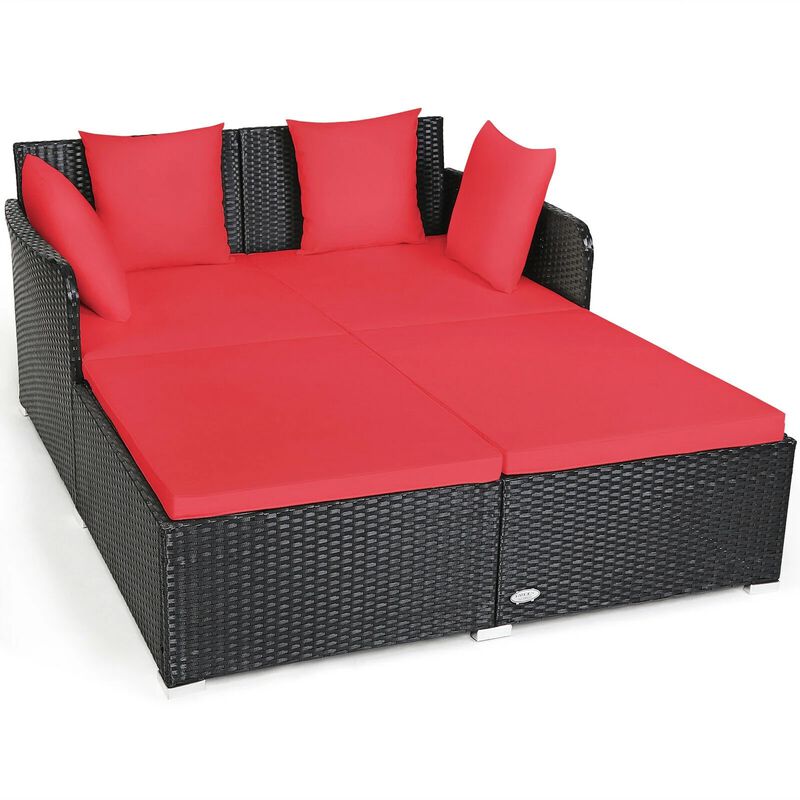 Mondawe Spacious Outdoor Rattan Daybed with Upholstered Cushions and Pillows