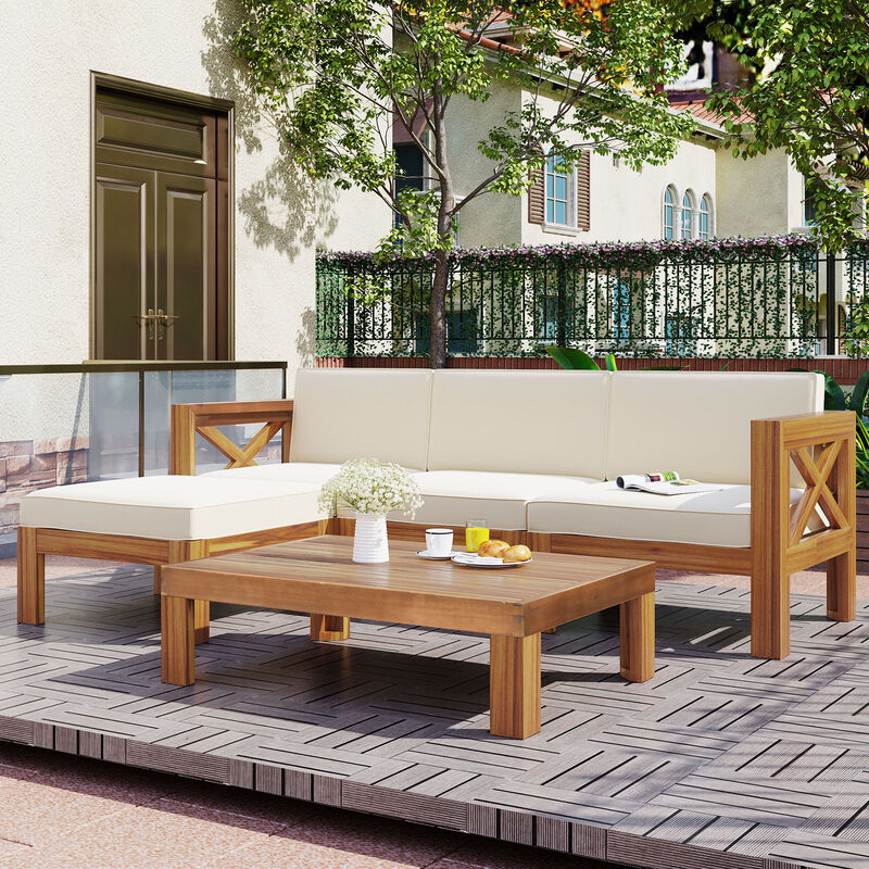 Whisen Natural Wood 5-Piece Patio Sectional Sofa Set with Cushions for Outdoor Backyard image number 1