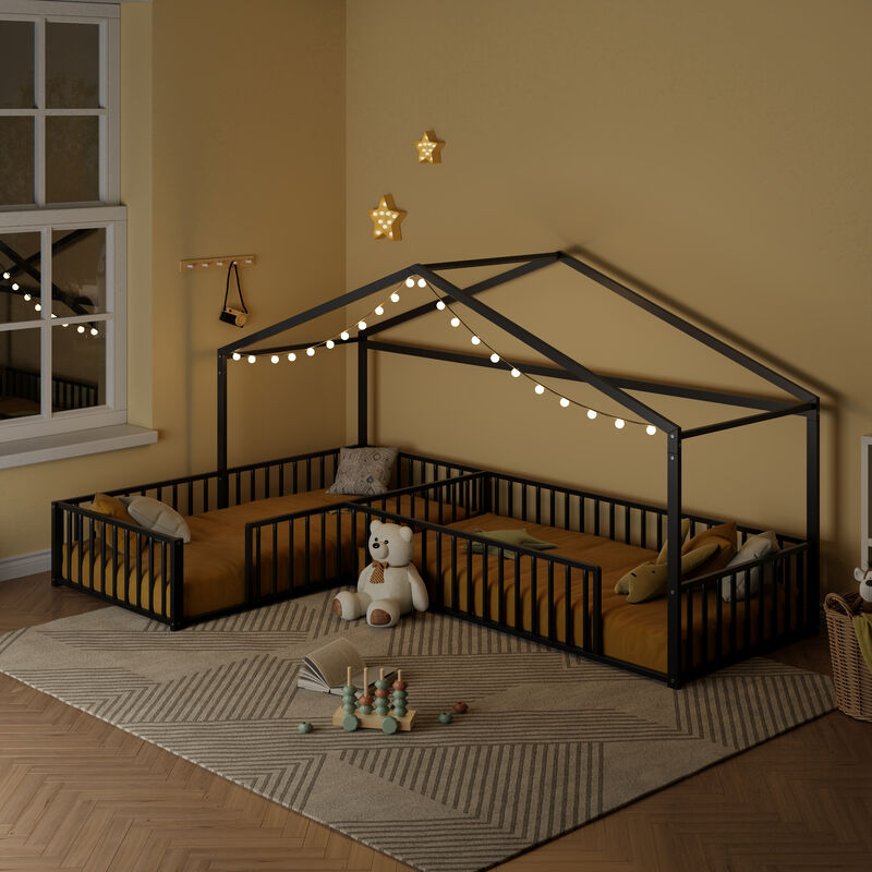 Merax Double Twin Size L-Shaped Montessori Bed, Metal Corner House Bed Frame with Fence image number 2
