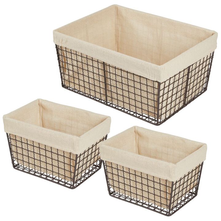 mDesign Metal Household Storage Basket, Fabric Liner, Set of 3, Bronze/Natural