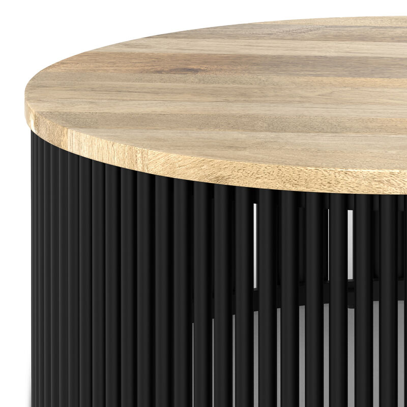 Demy  35 inch Wide Round Industrial Contemporary Coffee Table in Natural, Black, Fully Assembled