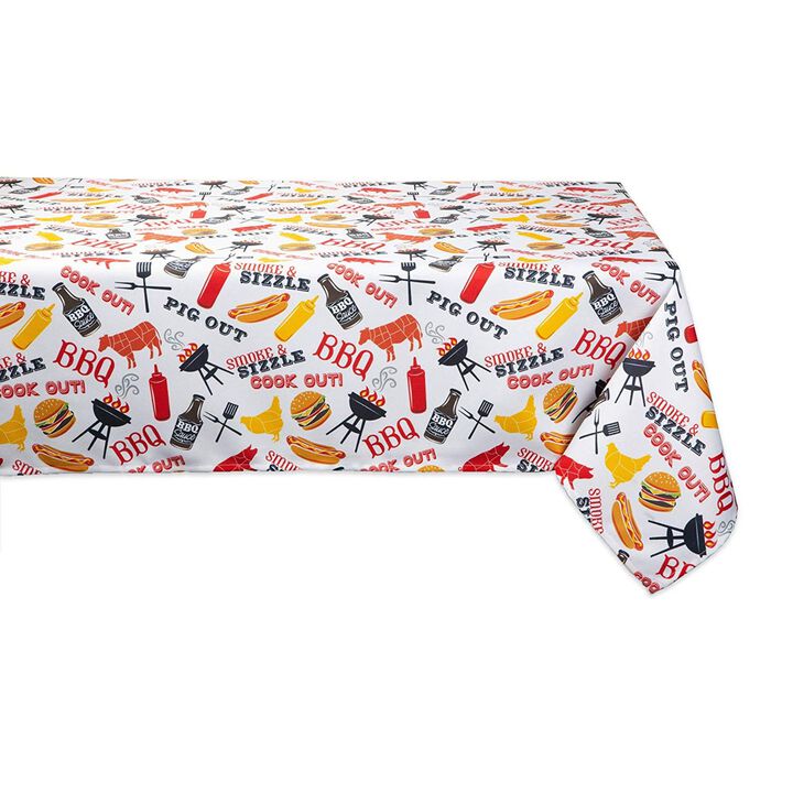 84" White and Yellow Barbeque Themed Rectangular Outdoor Tablecloth