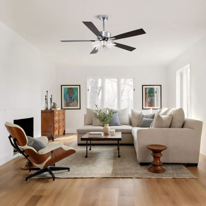 52" Modern Chrome Dimmable Reversible Ceiling Fan with Lotus-shaped Light Guide Plate and Remote