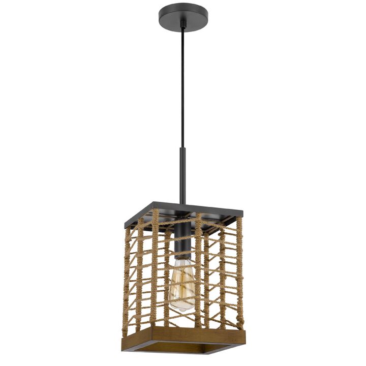 Pendant Light, Braided Burlap Shade, Square Caged Design, Black Metal