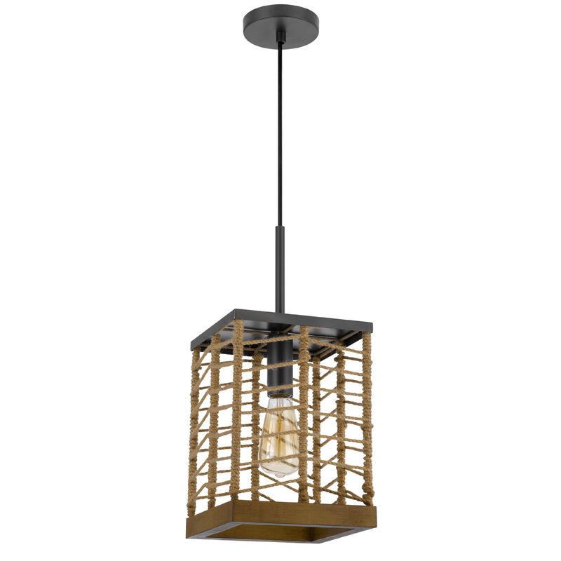 Pendant Light, Braided Burlap Shade, Square Caged Design, Black Metal image number 0
