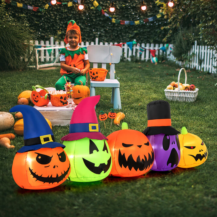 9 Feet Inflatable Pumpkin Patch Family with Built-in LED Lights and Witch Hats