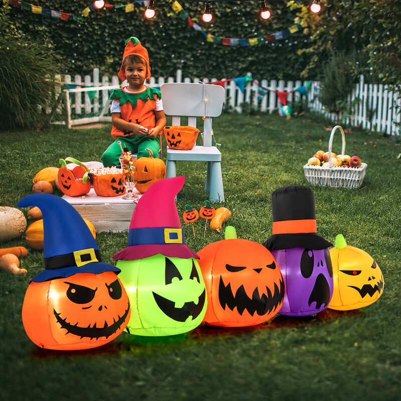 9 Feet Inflatable Pumpkin Patch Family with Built-in LED Lights and Witch Hats image number 1