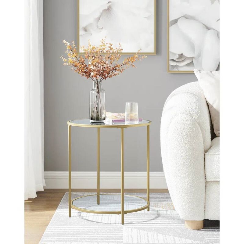 Modern Glass Top Round Metal End Table Nightstand with Bottom Shelf