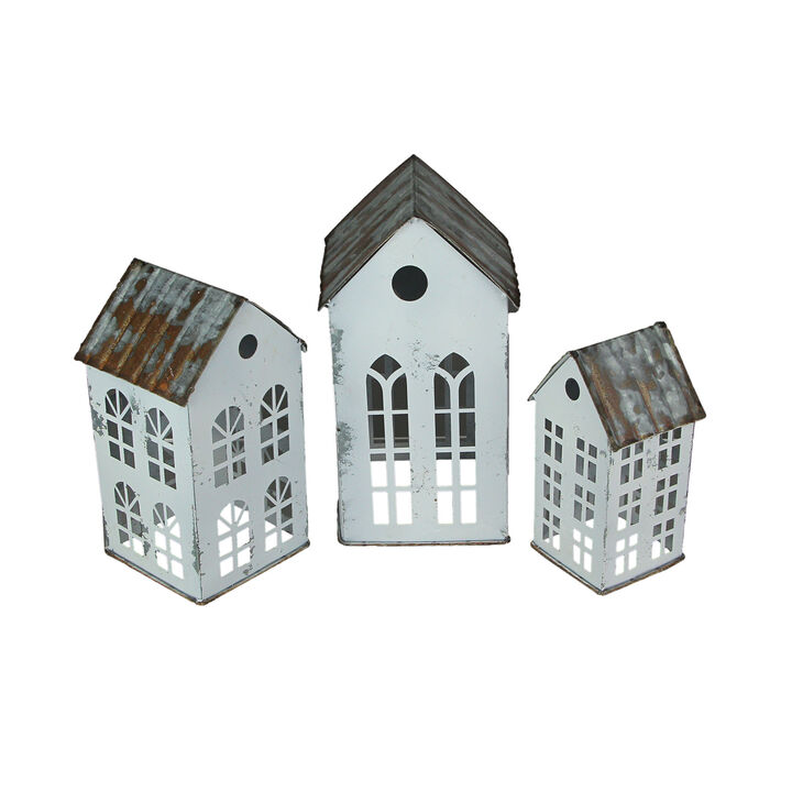 Set of 3 Rustic Country Farmhouse White Metal House Shaped Candle Holders