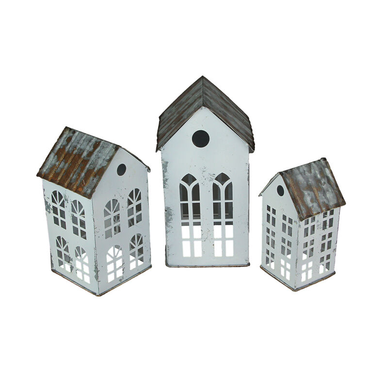 Set of 3 Rustic Country Farmhouse White Metal House Shaped Candle Holders image number 1
