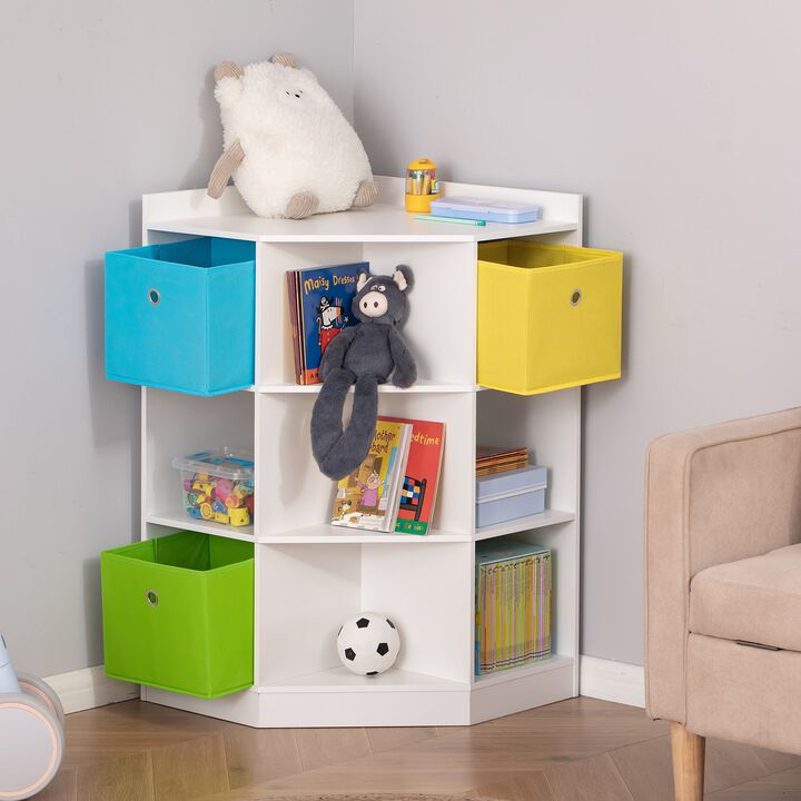 Wooden Kids Cabinet Corner Storage Drawer Clothes Books Organizer Children Display Shelf Wardrobe for Bedroom 9-Cubby Bins, White