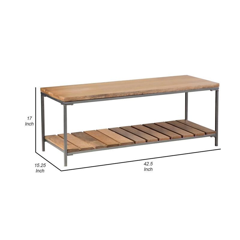 Accent Bench with 1 Slatted Shelf and Tubular Metal Legs,  Natural Brown-Benzara image number 4