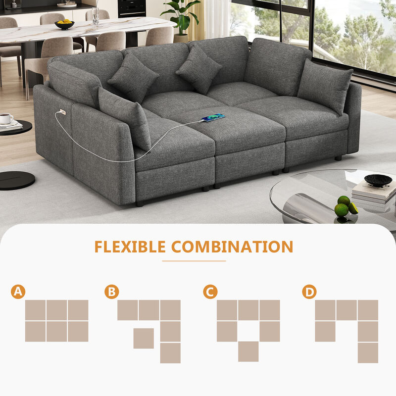 Whisen 86.6" Modular Sectional Sofa, Chenille U-Shaped Couch with Movable Ottoman & USB Ports for Living Room, Apartment image number 5