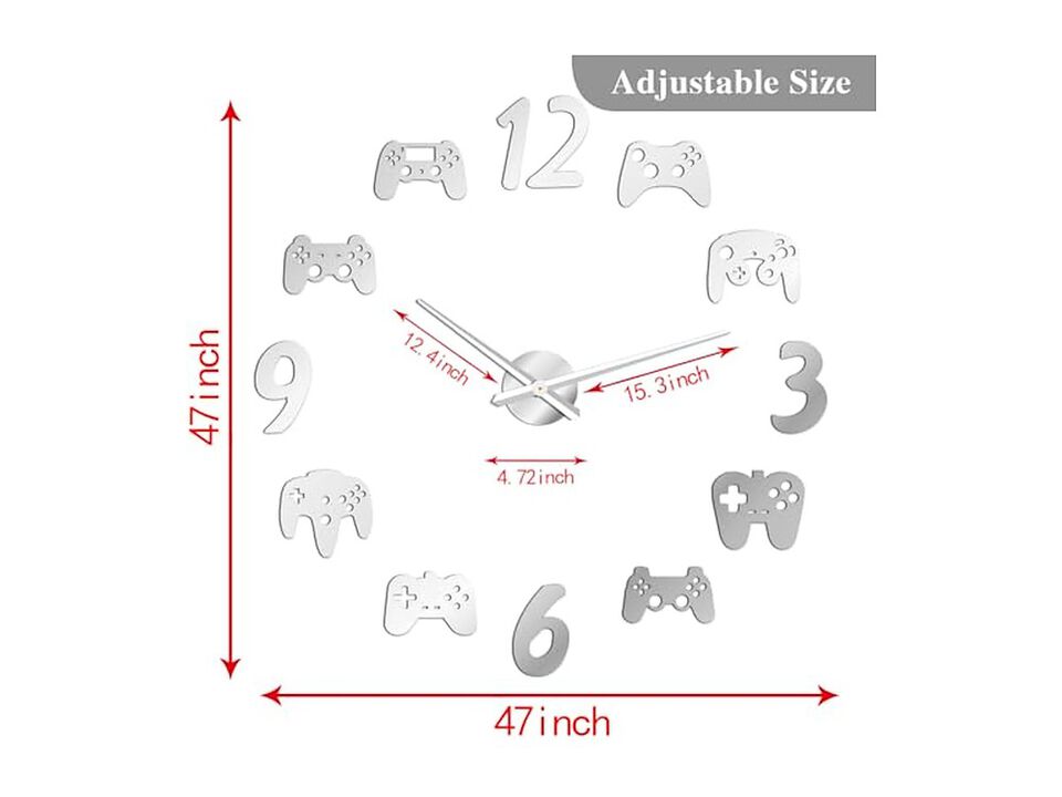 Video Game Controller DIY Frameless Giant Wall Clock Silver Modern