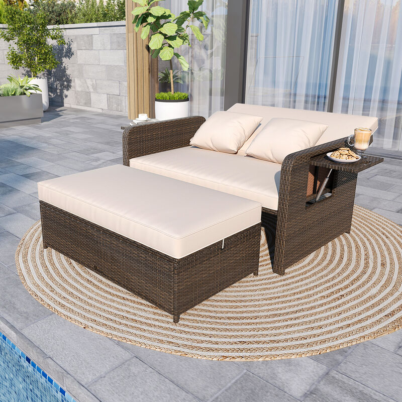 Rattan Adjustable Patio Daybed Set with Cushions and Storage Ottoman image number 4
