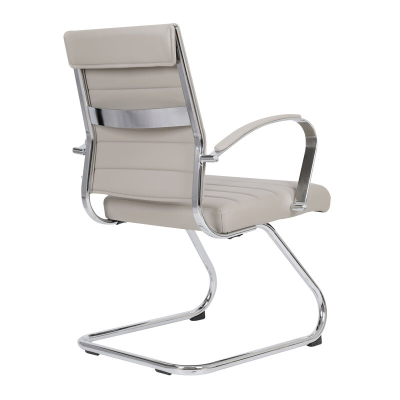 LeisureMod Benmar Guest Office Chair, Ribbed Leather Upholstery with Chrome Arms and Sled Base, Modern Desk Seating for Home or Conference Room