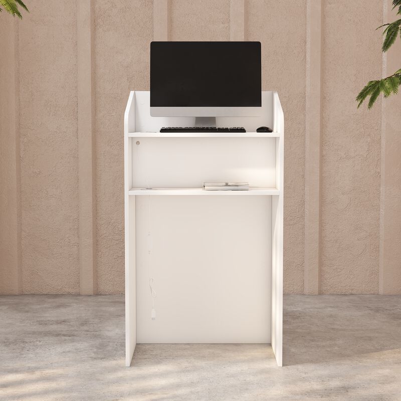 FUFU&GAGA Wooden Reception Desk with Storage Shelves Two Socket Slots 3-Color LED Light and USB Port 23.2 in. W x 15.27 in. D x 41.1 in. H White