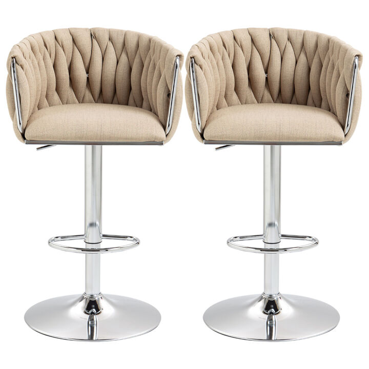 2-Piece Adjustable Swivel Bar Stools with Fabric Upholstery, Woven Back, Footrest, and Silver Chromed Legs for Home