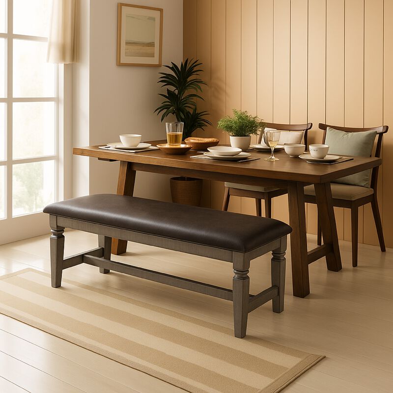 Camie Dining Bench, 56 Inch Faux Leather Seat, Gray Mahogany Wood - Benzara