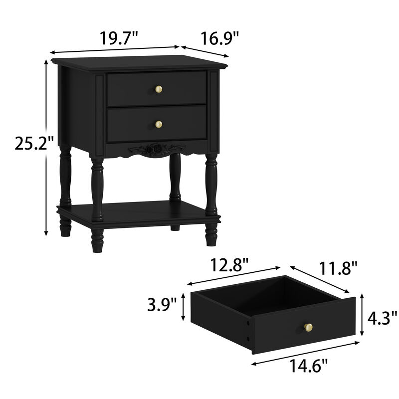 FUFU&GAGA 2-Drawer Nightstand with Metal Handles and Black Finish (19.7" W x 16.9" D x 25.2" H), Black
