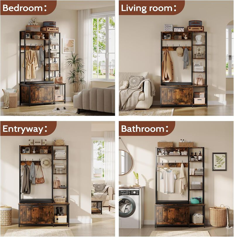 Hall Tree with Bench and Shoe Storage, 39.4" Entryway Bench with Coat Rack freestanding, Wall Rack 4 Hooks and Shelves, 39.37" x 15.74&ldquo; x 69.69" image number 7
