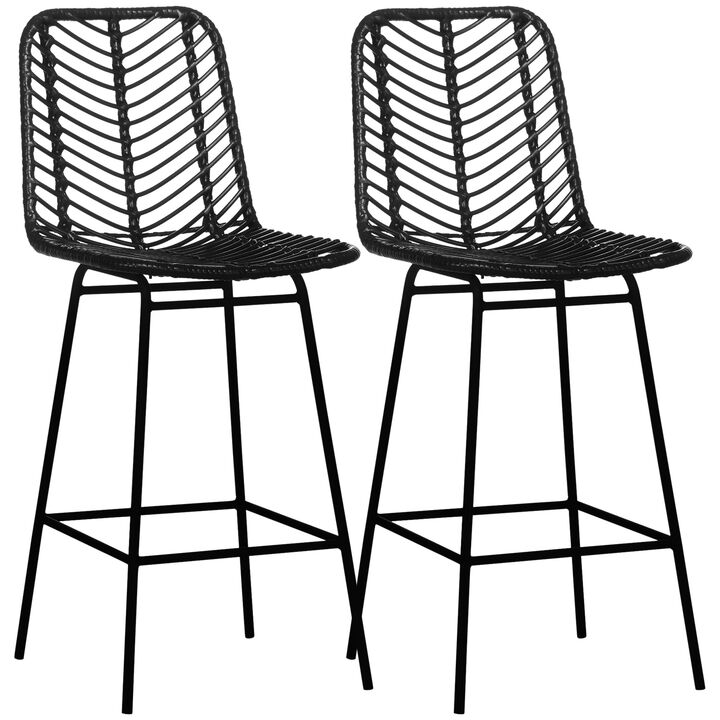 HOMCOM Modern Rattan Bar Stools, Breathable Steel-Base Wicker Counter Height Barstools for Kitchen Counter, Set of 2, Black