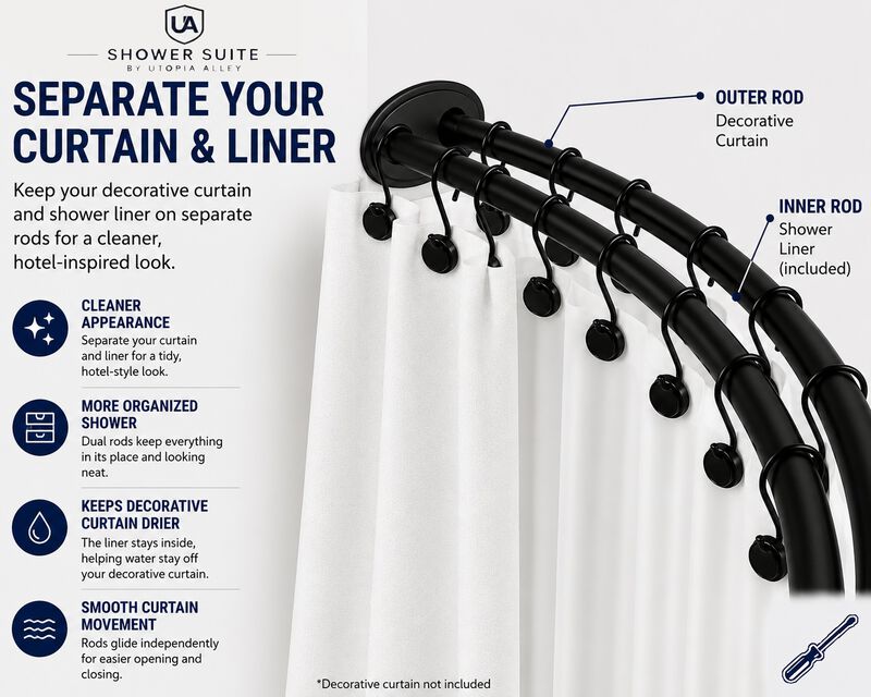 Shower Suite by Utopia Alley &ndash; Rustproof Aluminum Double Curved Shower Curtain Rod Combo Set with Liner & 24 Hooks, Adjustable 45&ndash;72 Inch Wall Mounted Dual Rod, Extra 30% Space image number 2