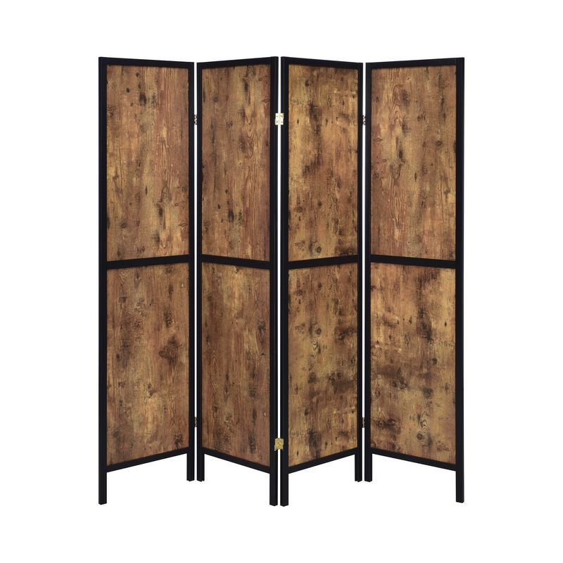 4 Panel Screen with Grain Details and Knots, Brown and Black - Benzara
