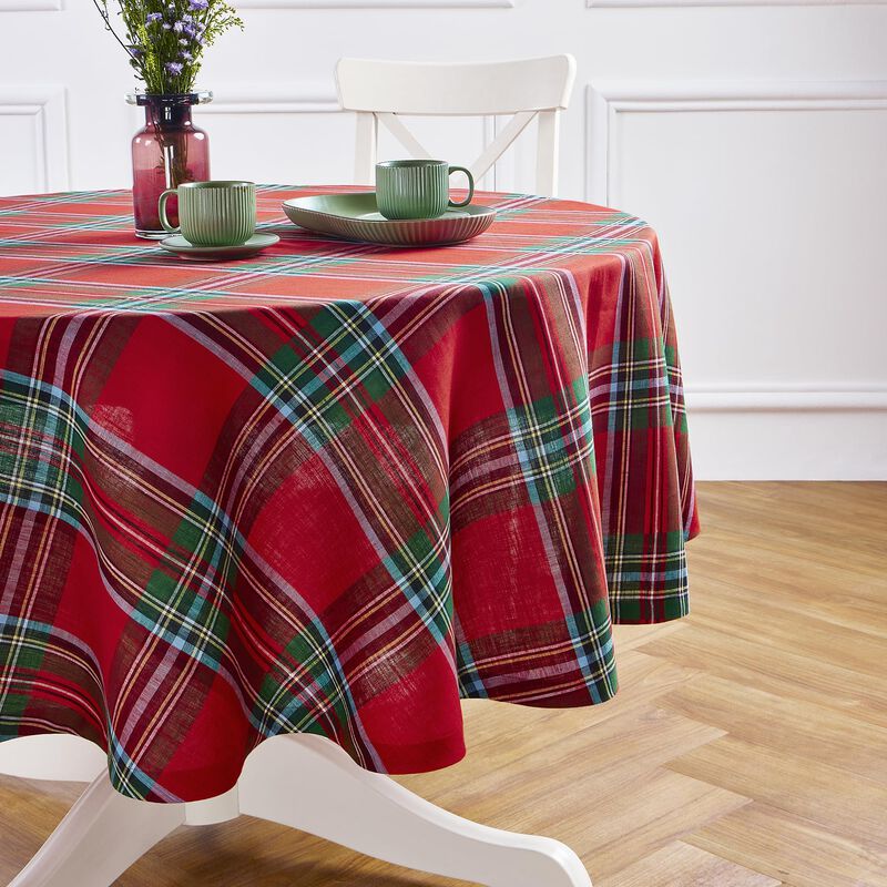 Solino Home 100% Pure Linen Round Tablecloth - Madras Holiday Plaid