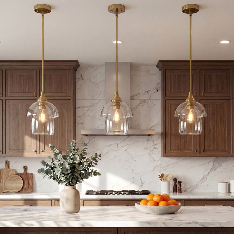 Gold Pendant Light with Tiered Clear Glass Shade, Adjustable Height image number 4