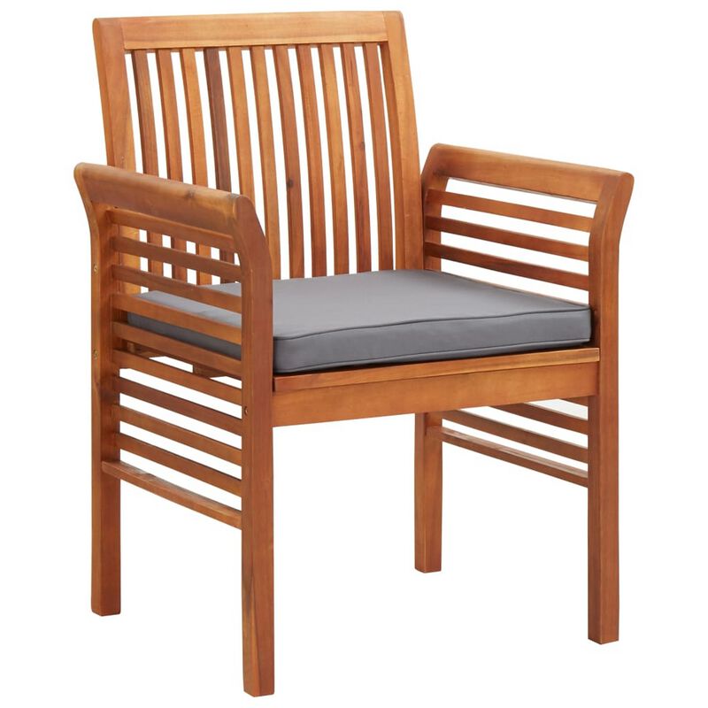 Kim Outdoor Dining Chair, Slatted Solid Acacia Wood, Gray Cushion - Benzara