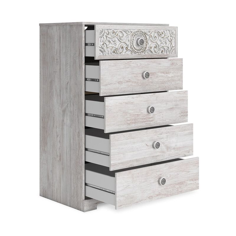 46 Inch 5 Drawer Modern Tall Dresser Chest, Whitewashed Carved Design Wood - Benzara