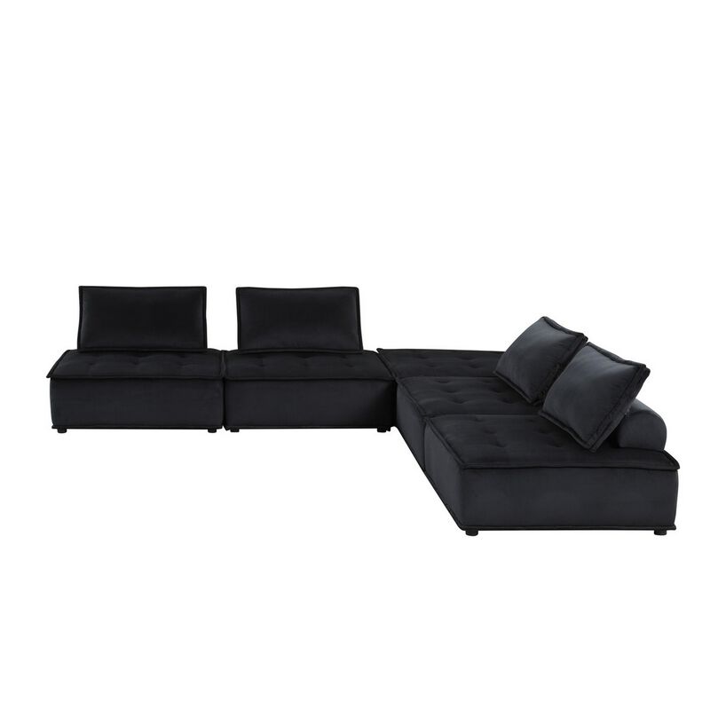 Alaya 120 Inch Tufted 5 Piece Sectional Sofa, Back Cushions, Black Velvet