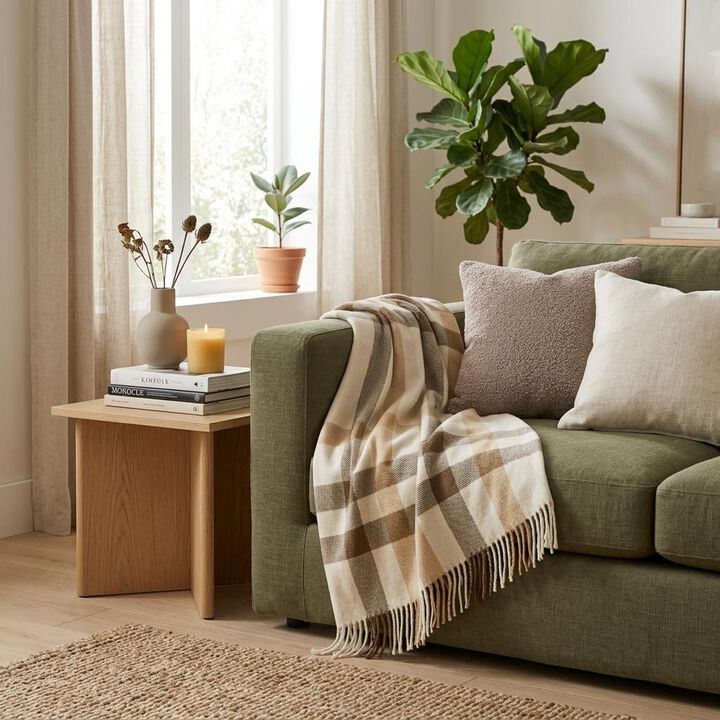 HomeRoots Plush Multi Beige Plaid Throw Blanket with Tassels