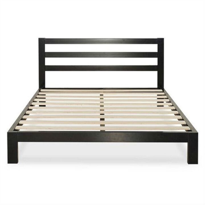 Modern Industrial Bed Frame &ndash; Heavy Duty Metal Platform with Headboard and Wood Slats