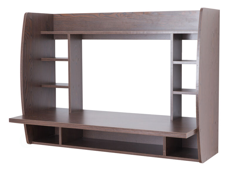 Wall Mount Laptop Office Desk with Shelves, Brown