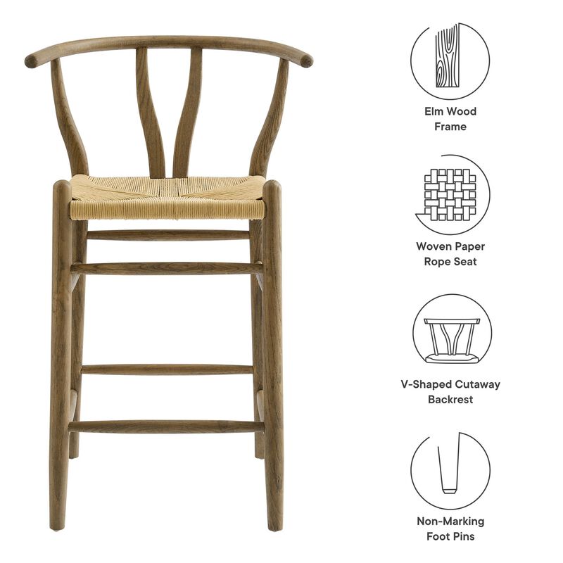 Modway Amish Wood Rope Counter Height Stool in Weathered Gray Teak - 25 Inch Seat Height Mid Century Modern Retro Stool - Solid Elm Wood Kitchen Island Stool with Woven Seat and Open Back image number 3