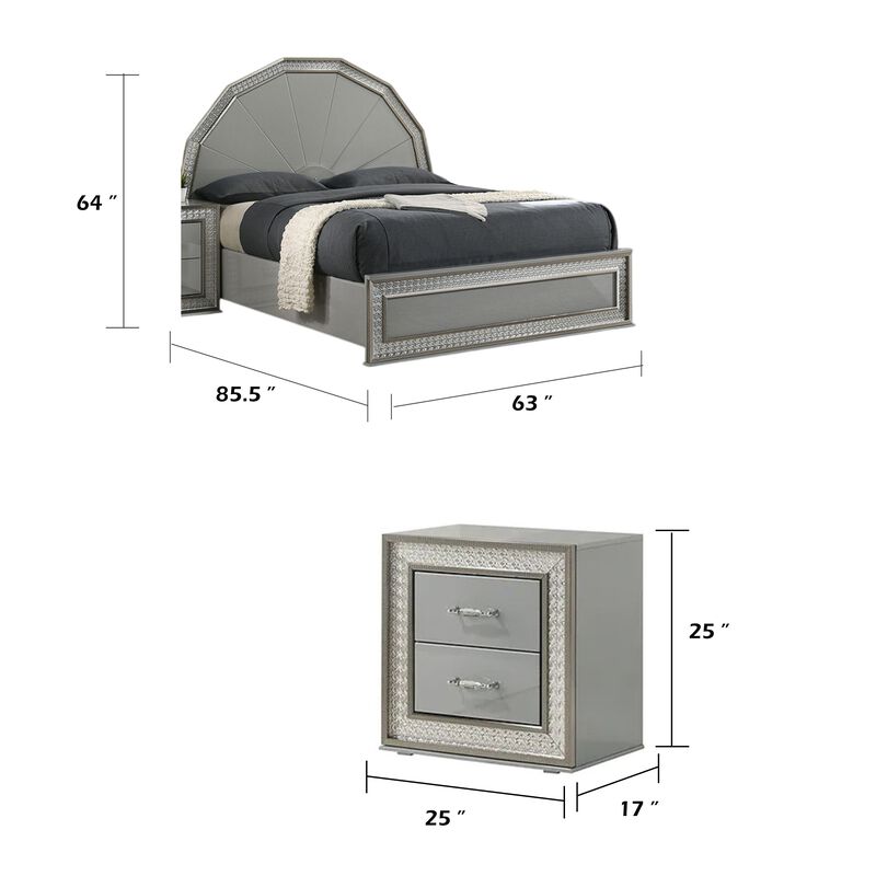 Queen Bedroom Set, Metallic Gray, Silver Wood, 2 Piece Set with Nightstand image number 7