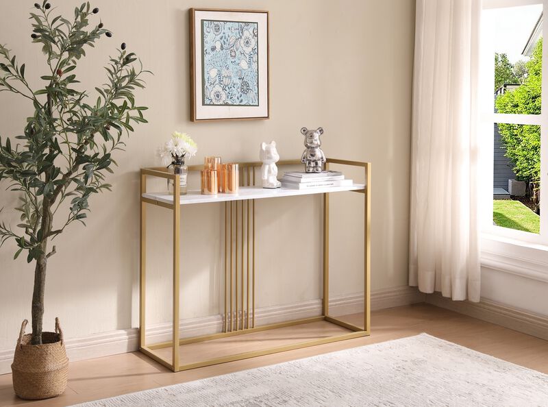 Kings Brand Furniture Modern Sofa Console Table with Faux Marble Storage Shelf & Gold Metal Frame for Hallway, Bedroom, Living Room, Foyer
