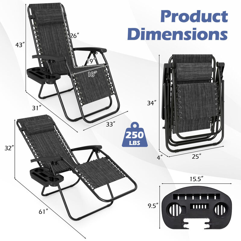 Set of 2 Folding Zero Gravity Chairs with Tray and Backrest image number 2