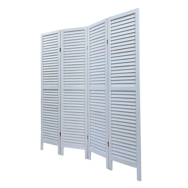 Sycamore wood 4 Panel Screen Folding Louvered Room Divider Old white
