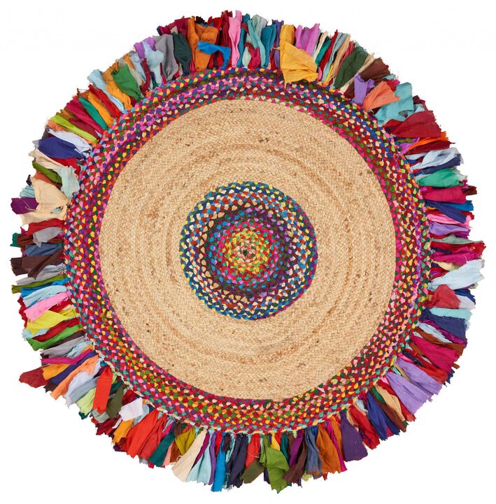 HomeRoots Jute Abstract Geometric Hand Woven Round Rug