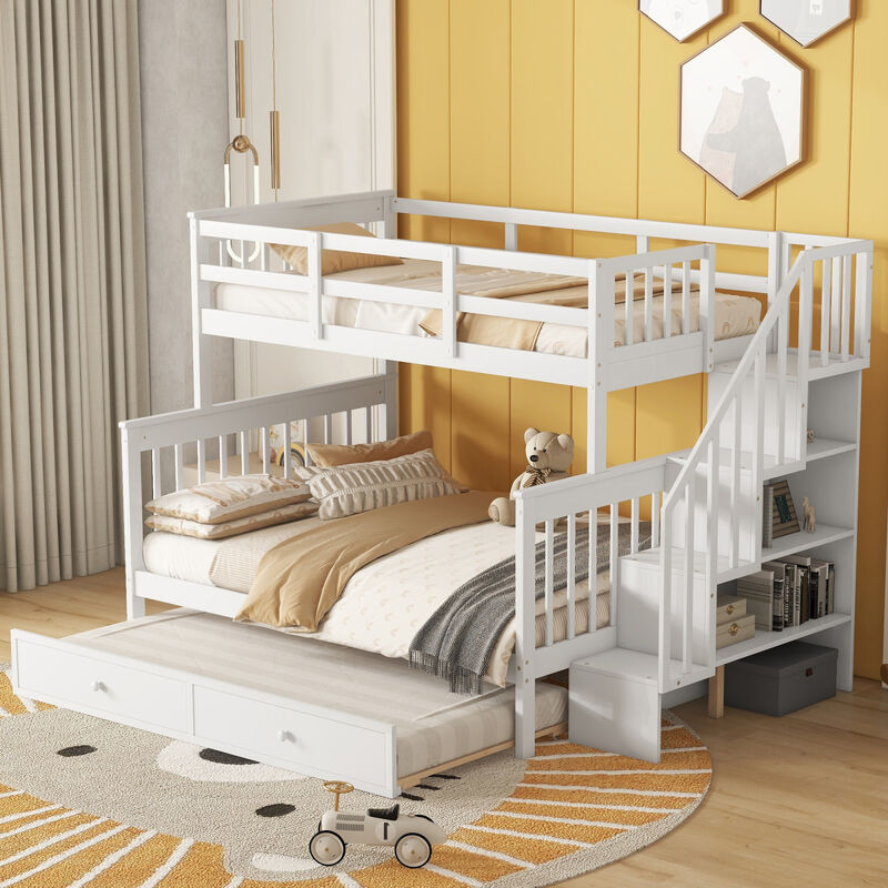 Twin Over Full Bunk Bed with Twin size Trundle, Storage and Guard Rail for Bedroom, Dorm, for Adults, White