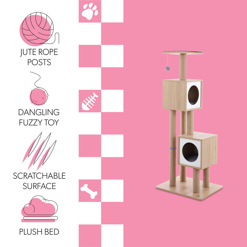 Sawyer 56" 3-Tier Minimalist Jute Cat Tree Condo with Scratching posts, and Fuzzy Toy, Brown/White