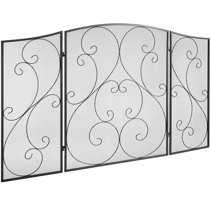 Vintage Iron Fireplace Screen with 3 Folding Panels, Mesh Spark Guard for Indoor Hearth-Black