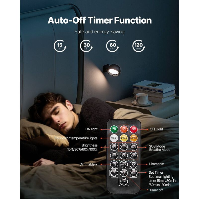 Wireless LED Wall Lights 2PCS Rechargeable with Remote, 360&deg; Rotation, Dimmable-Black image number 6
